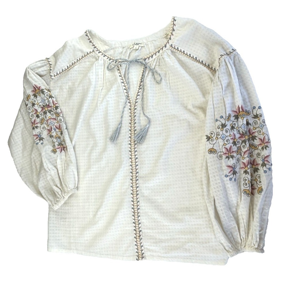 Max Studio Ivory Peasant Blouse with Floral Embroidery
